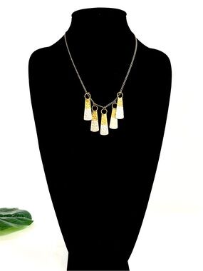 Lena Bernard Two Tone Hammered Fringe Statement Necklace NWT Gold Silver